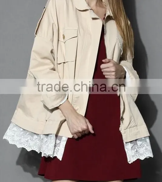 Beige Color Concealed Zip Button Closured Front Women Short Plus Size Coat With Lace photo-2