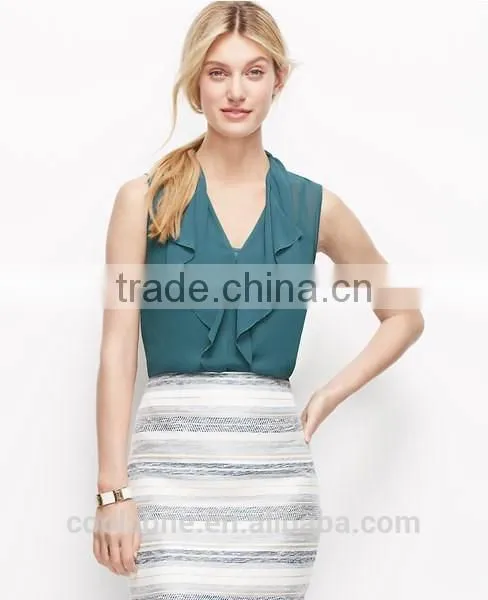 Fashion Lady Ruffle Front Sleeveless Slim Chiffon Blouse 2015 photo-2