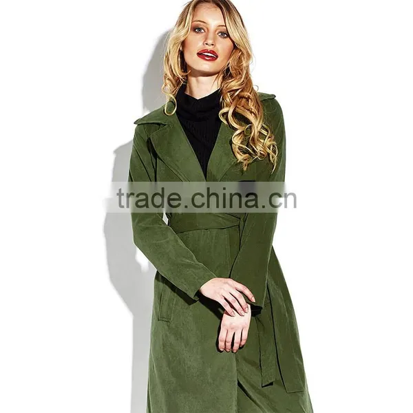Army Green Open Front Self Belted Below Knee Lady's Winter Trench Coat photo-4