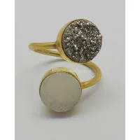 White & Silver Druzy 10mm Round Adjustable Silver Gold Plated Ring photo-3