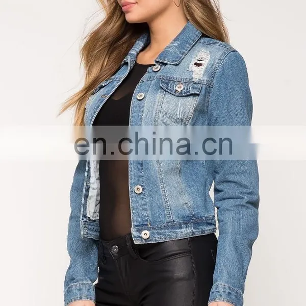 Wholesale Ripped Denim Jackets Light Wash Blue Distressed Denim Jacket photo-6