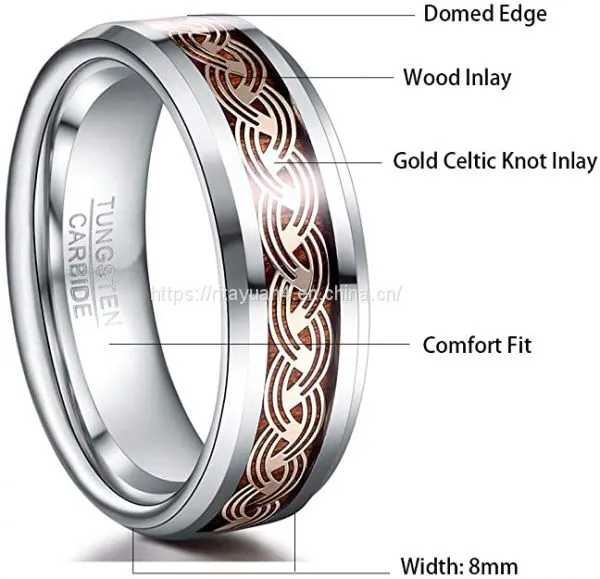 2020 New Arrival T243R NUNCAD Men's 8mm Tungsten Carbide Ring Gold Celtic Knot and Wood Inlay Wedding Band Size 7-12 photo-2