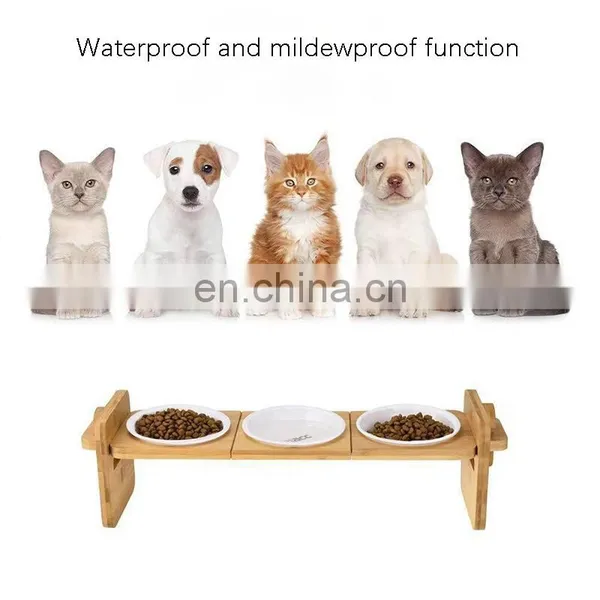 2022 Yellow Promotional Oem Cute Three Bowl for Dog Pet Milk Water Drinking Feeder Cat Paw Print Wood Stand Holder Bracket photo-3