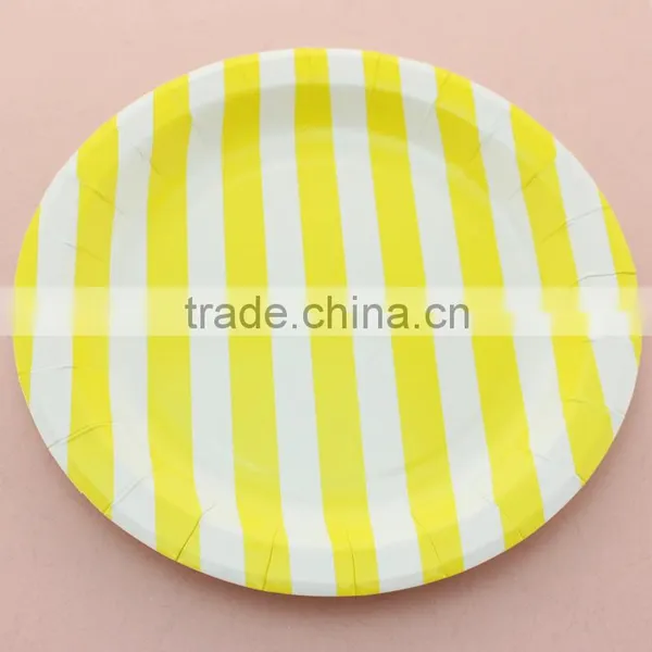 Eco-friendly 9 Inch Yellow Striped Round Party Paper Plate for Wedding Personalized Favors
