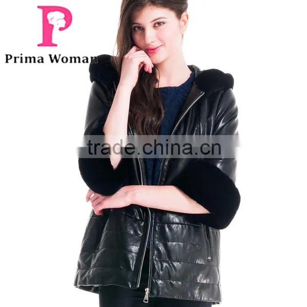 2016 New Design Winter Women Short Leather Coat With Rex Rabbit Hat Detachable Sleeveit Overcoat photo-2