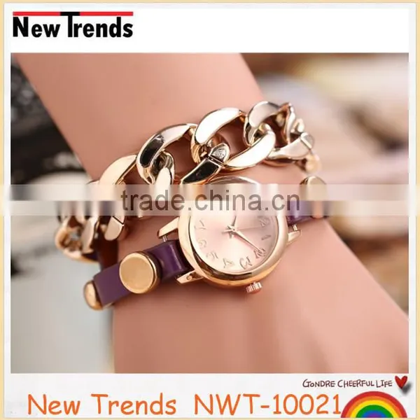 Gold Chain Wrap Bracelet Leather Watch Women Fancy Jewelry photo-2