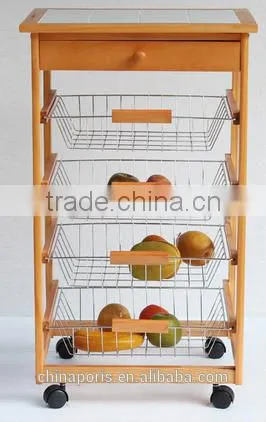 USA /EU FASHIONAL Wooden Kitchen Trolley With FOUR Metal Wire Brackets/ceramic Tile on Top With Drawer photo-2