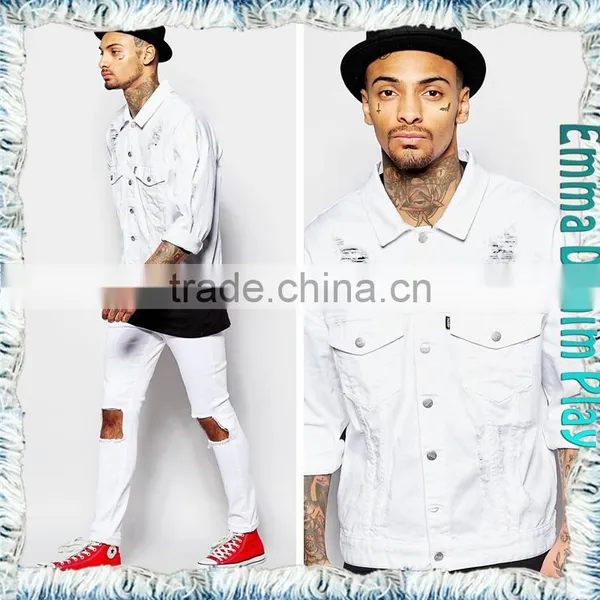 Street Design Soild White Denim Ripped Jackets for Mens photo-4