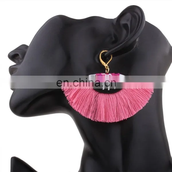 Small Hot Pink Half Moon Tribal Embroidery Earrings photo-2