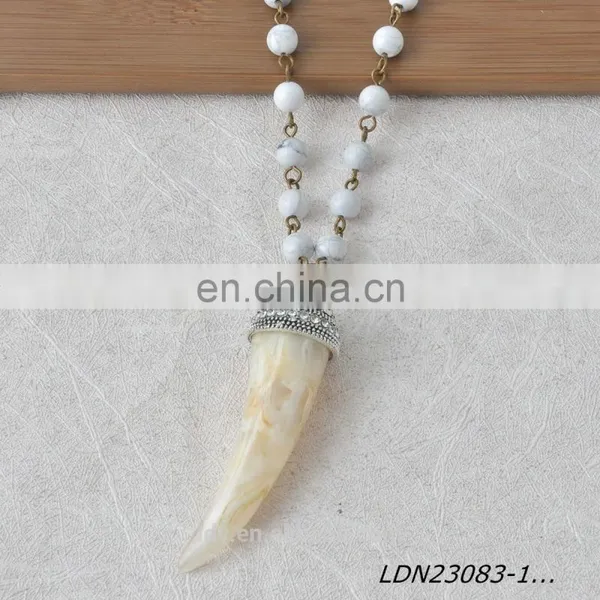 Fabulous Natural Stone Horn Pendant Bohemian Vintage Long Beaded Charm Agate Necklace for Women photo-4