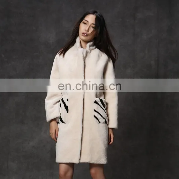 Hot Sales Merino Lamb Fur Long Coat With Zebra Pattern Pocket for Women photo-5