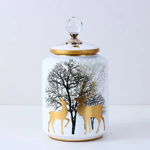 European Simple Style Deer and Tree Gilded Painting Ceramic Flowers Vases With a Crystal Lid For Office photo-3