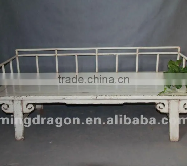 Chinese Antique Furniture Pine Wood Shanxi White Color Back Support Bed