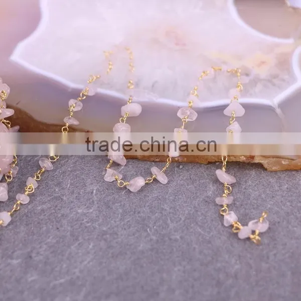 Rose Quartz Chip Beads Gem Stone Chain, Golden Plated Brass Wire Wrapped Rosary Style Chains photo-5