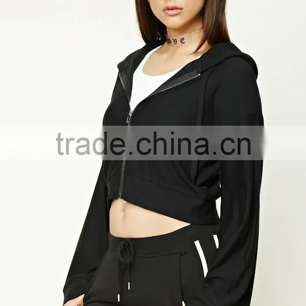 New Products 2017 Black Jacket Women Zip-Up Bell-Sleeve 92 Polyester 8 Spandex Fabric Cropped Zips Hoodie photo-2