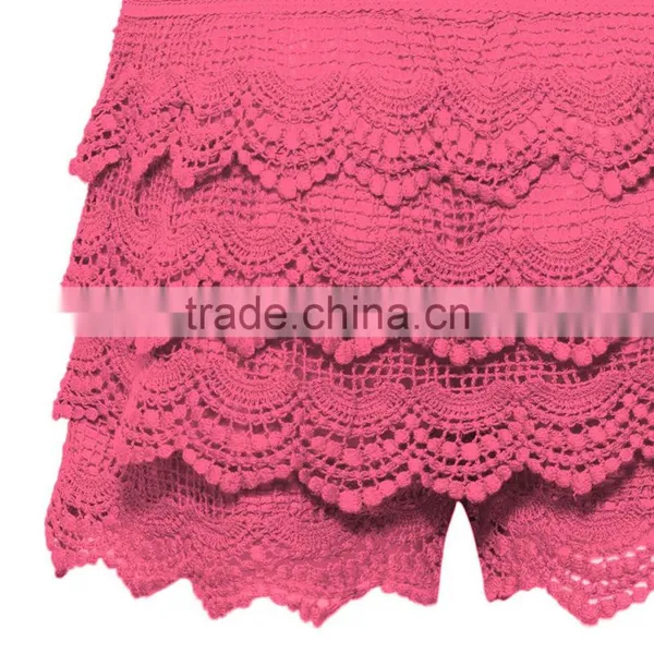 Women's Elastic Waist Lined Crochet Lace Scallop Hem Casual Mini Summer Shorts photo-2