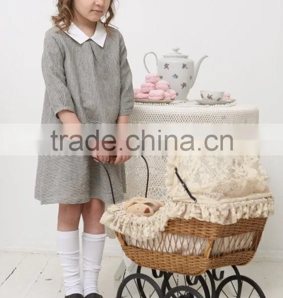 Wholesale Children's Boutique Clothing Spring Summer Girl Dress of 9 Years Old Half Sleeve Peter Pan Collar Vintage Linen Dress photo-3