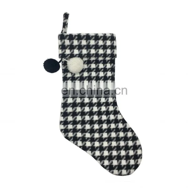 Wholesale Decorative Chunky Black and White Plaid With Pompom Christmas Socking for Christmas photo-4