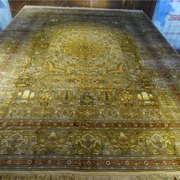 9x12ft/274x366cm Beige Color Antique Handmade Silk Collection Persian Carpet and Rug photo-4