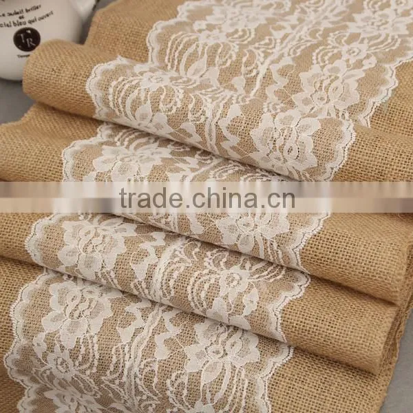 30*275cm Extra Large Burlap Tablecloth With Lace,Jute Burlap Trimming For Decoration