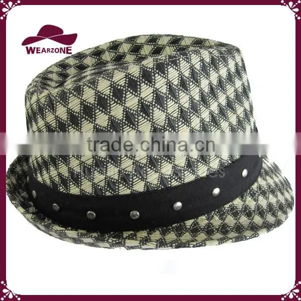 PU Band & Rivets Men's Small Check Pattern Fedora photo-3