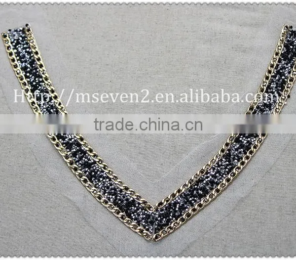 Women Fashion Gold Metal Chain Hot Fix Collar Hot Fix Black Rhinestone Necklace photo-6