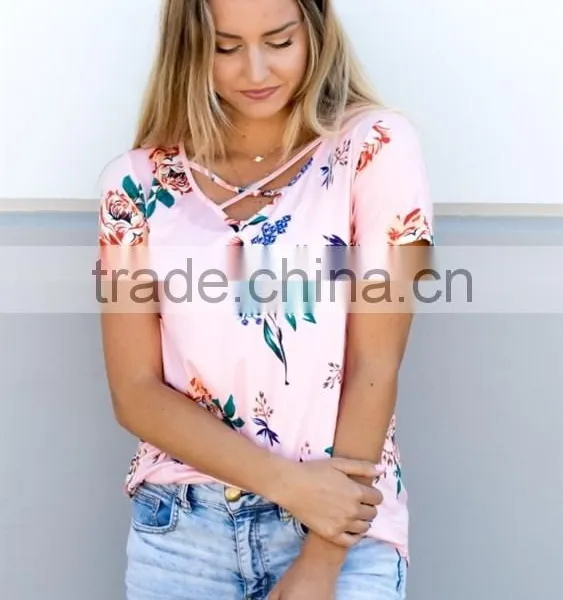 Customize t Shirt Cheap Criss Cross Fancy Floral Tunic Tops photo-5