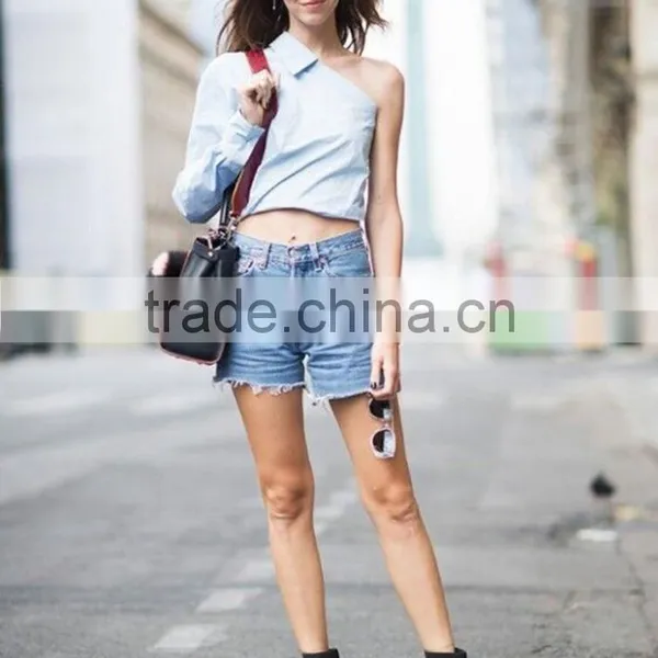 Women Long Sleeve Cropped One Off Shoulder Mini Casual Summer Tops photo-2