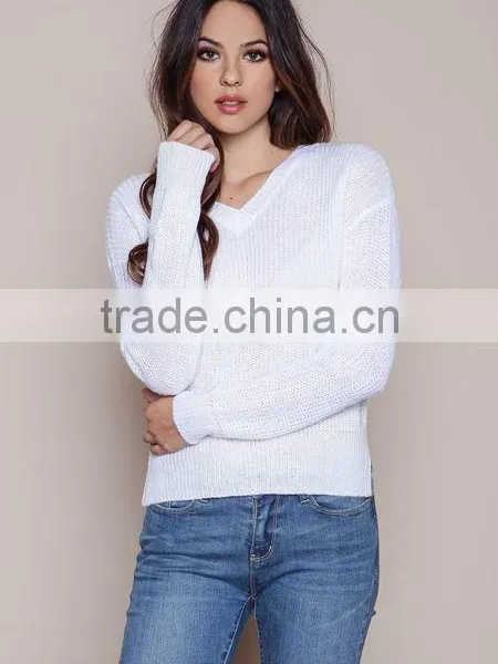 MGOO New Arrival Women V Neck Sweaters Split Long Sleeves Knitted Fast Fashion Tops Plain White Sweaters photo-6