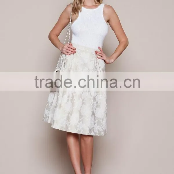 MGOO New Arrival 2016 Beige Pleated Midi Skirt For Ladies High Waist Vintage Floral Embroidery Skirts photo-5