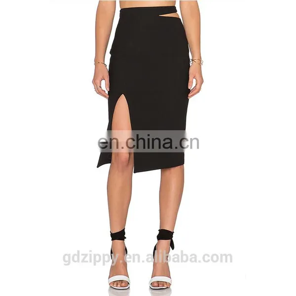 Black Plated Knee Length Women Leather Skirt photo-2