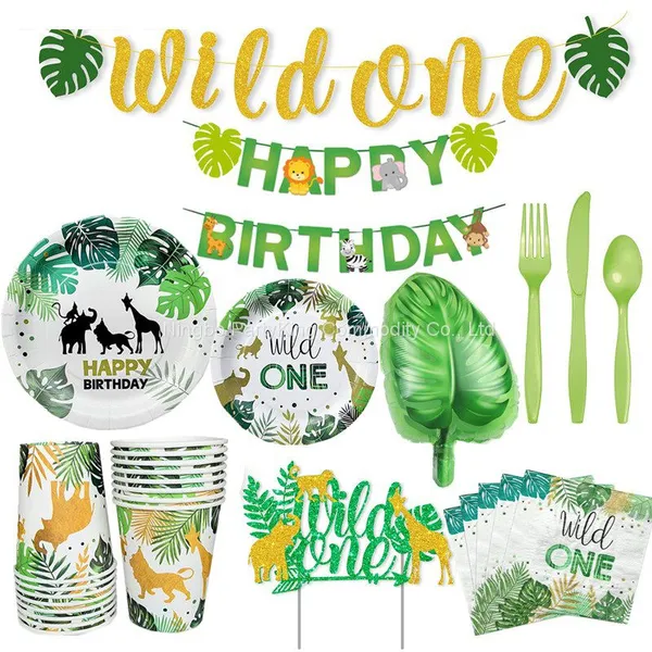 New Design Party Supplies Jungle Theme Party Decoration Set Which Include Paper Tableware Treat Bags Gift Bags Garland Invitation Cards photo-2