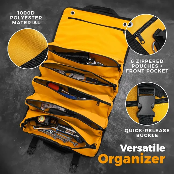 Heavy Duty Tool Roll Bag Organizer - Travel Roll up Tool Bag With 6 Zip Organizer Pouches photo-2
