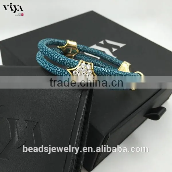 2016 New Custom Men Double Leather Stingray Rose Gold Black Stone Bracelet photo-4