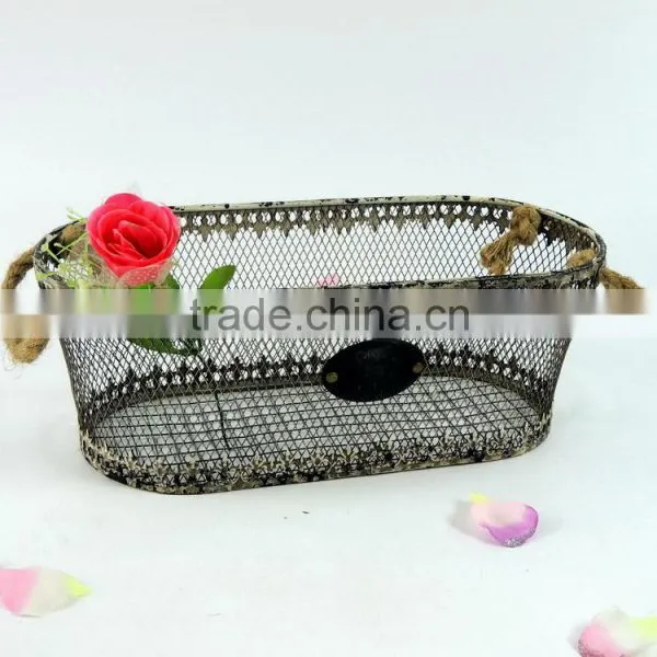 Shabby and Chic Decorative Metal Basket With Wicker Hanging photo-2