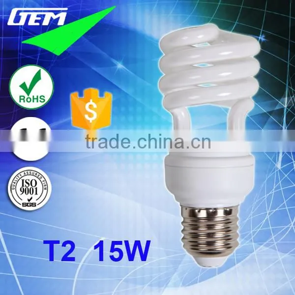 CFL 8000Hrs Tri-color Spiral T2 Tube 15W 6400K E27 Lamp With CE ROHS