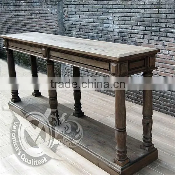 Antique Pedestal Style Console Table With Distressed Finish