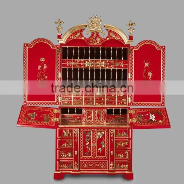Gold Gilding Wooden Curio Cabinets With Flowers Paint Motif, Antique Silver Finish Secretary Cabinet With Drop Front Desk photo-3