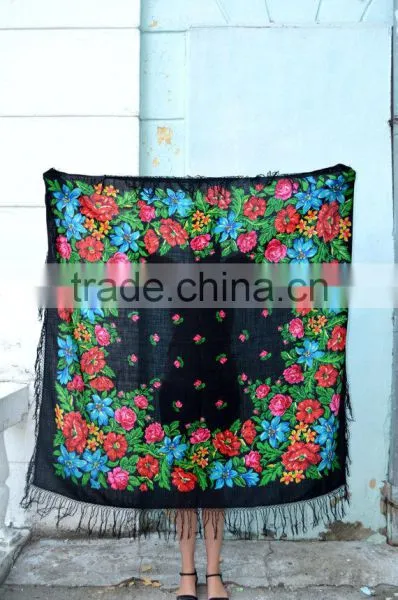 Vintage Ukrainian Shawl,Russian Shawl, Wool Shawl, Tablecloth, Floral Shawl ,Scarf With Tassels, Floral Scarf, Babushka photo-6