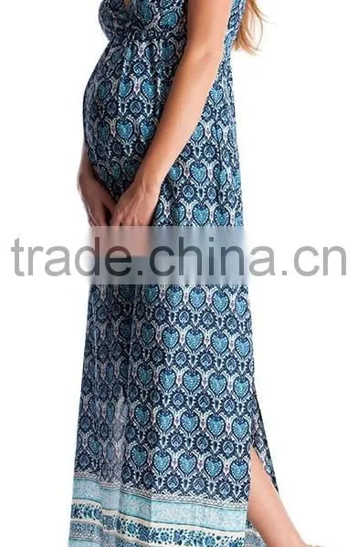 Long Maxi Maternity Dress for Summer 2015 Fashion Spaghetti Straps Side Slits Prints Nursing Dress photo-2