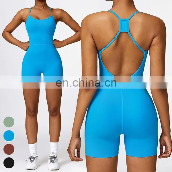 Sexy Rompers Sports Sets Workout Bodysuit Gym Fitness Jumpsuits Sleeveless Cross Back One Piece Short Yoga Jumpsuit For Women photo-5
