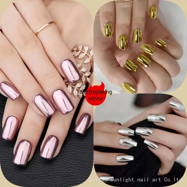 Short European Square European and American Wear Nail Gold and Silver Powder Electroplating Mirror Metal Texture Fake Nails Detachable Nail Art Wholesale SUSU