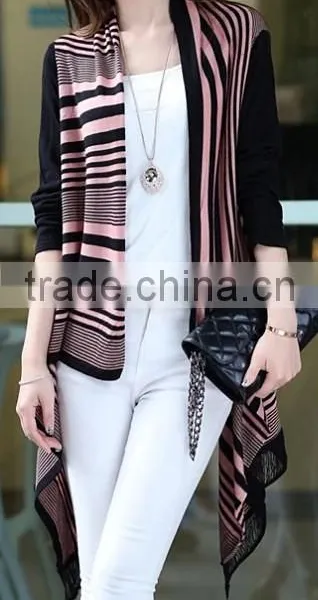 Fashion Lady Long Sleeves Stripes Jacquard Ethnic Irregular Swallow-tailed Knitted Cardigan Poncho