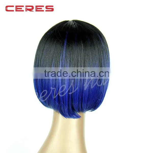 Short Hair Wig Straight Black Root Blue Ombre Synthetic Bob Lace Front Wigs for Women photo-2