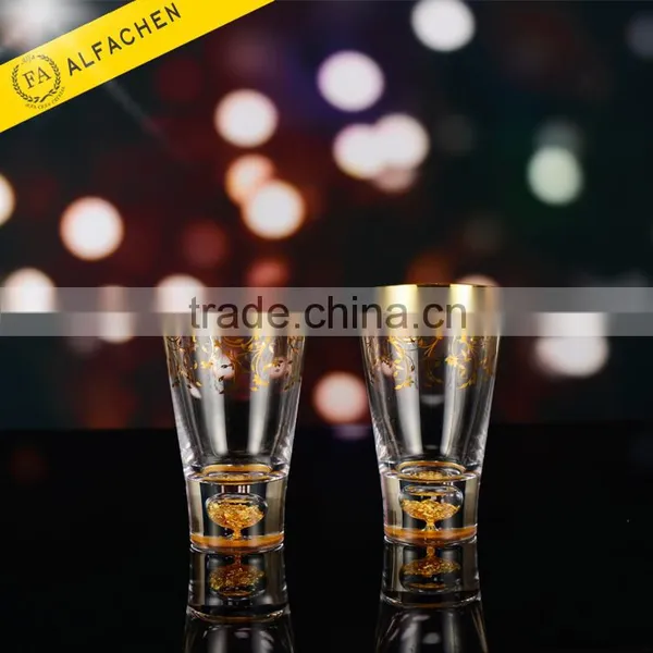 Set of 2 Gold Decal Cup Stemless Water Glass Lead-Free Crystal Tumbler Glass