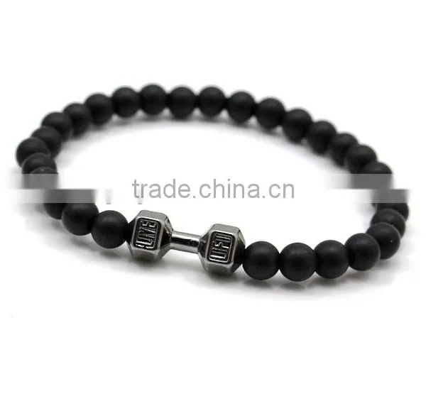 Wholesale Alloy Metal Barbell Matte Black Stone Beads Fitness Fashion Dumbbell Bracelets photo-6