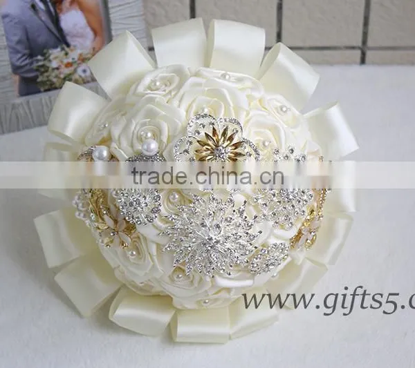 Luxurious White Silk Flowers Wedding Bouquets With Beads, Rhinestones, Brooches photo-2