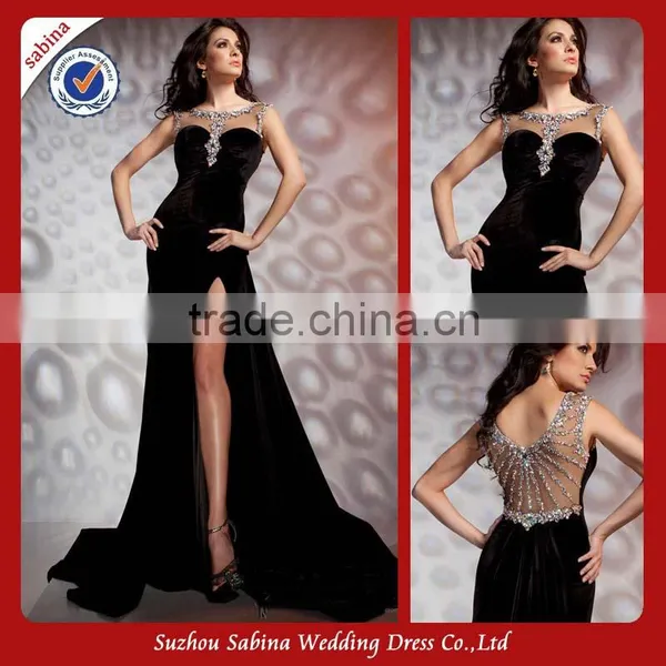 Se58 Black Sexty Long Sequins V Back High Neck Split Leg With Sweep Train Evening Dress