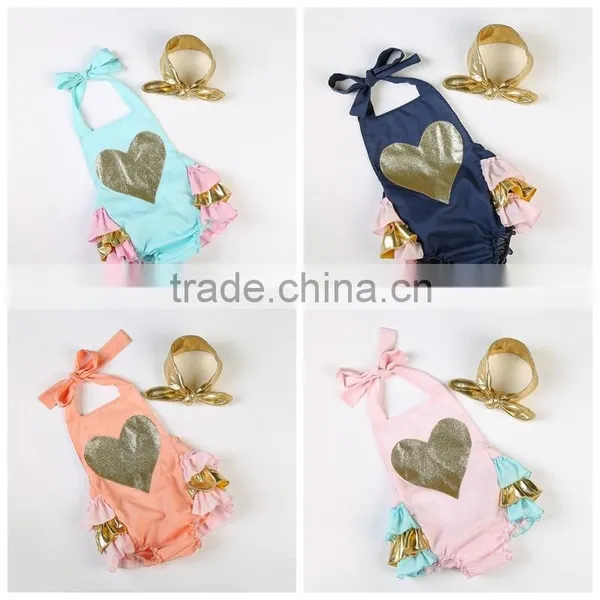 2016 Hot Selling Ruffle Rompers Set Baby Sparkle Heart Bubble Romper With Headhand Boutique Kids Summer Clothes Jumpsuit photo-6