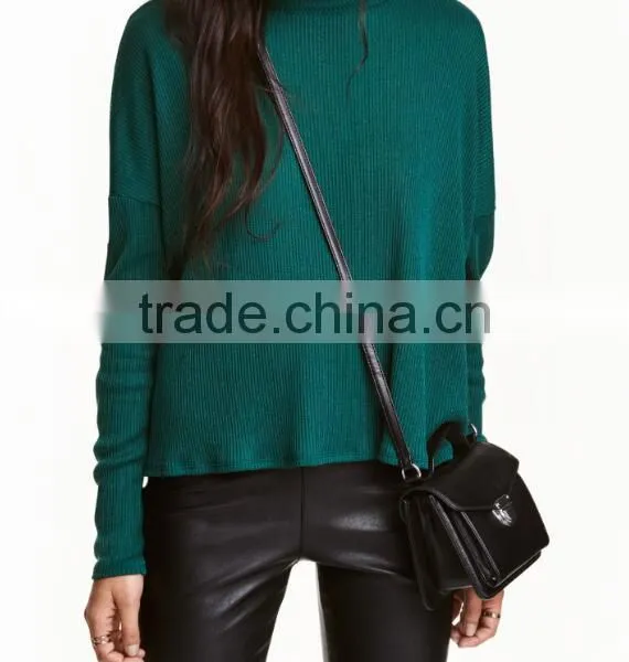 Green Ribbed Crew Neck Relax Fitted Wool Sweater Design for Girl With Dropped Sleeves photo-2